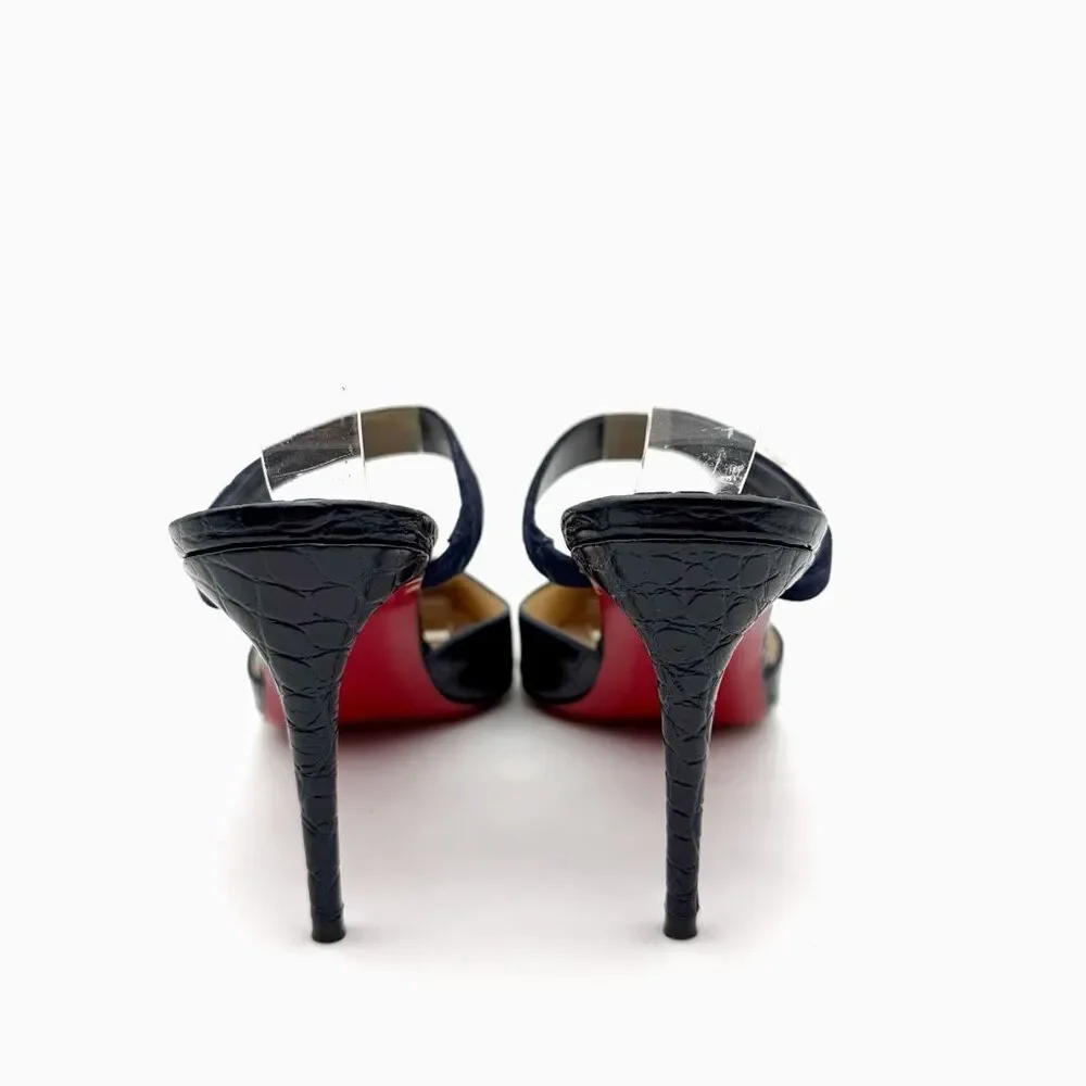 CHRISTIAN LOUBOUTIN Choc Lock Navy Blue Slide Size 37.5 US 7 Leather Heel Mule - Picture 6 of 13